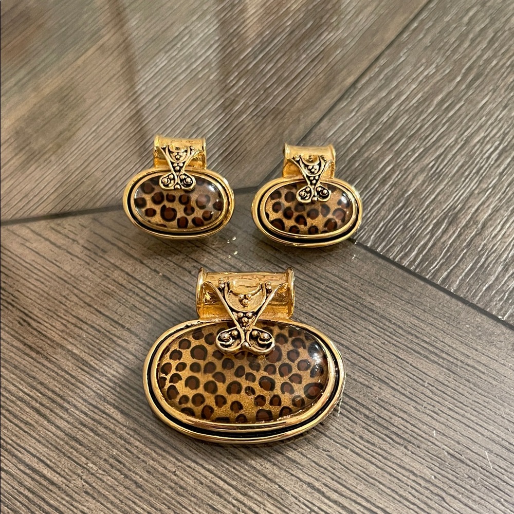 Vintage Leopard Slide & Earring Set - Gold-tone